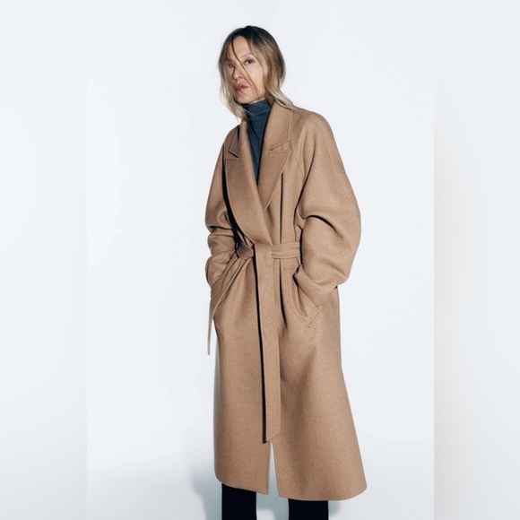 ZARA LONG BELTED WOOL BLEND COAT - Picture 4 of 15